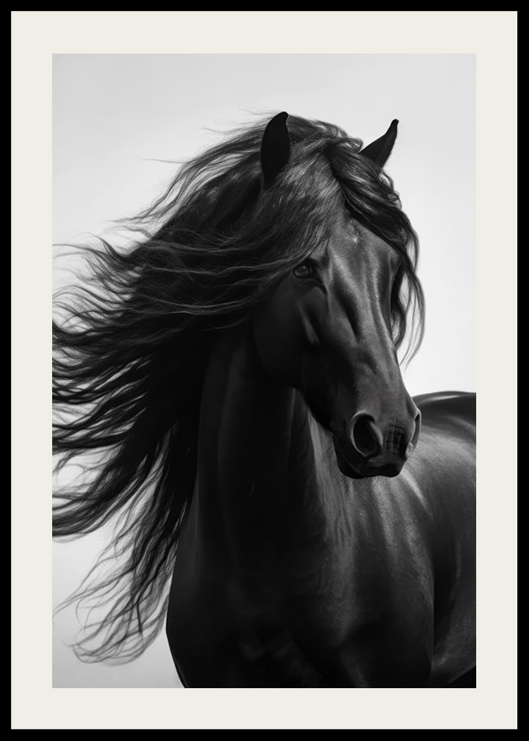 Black and white close-up of black horse with fluttering mane-12