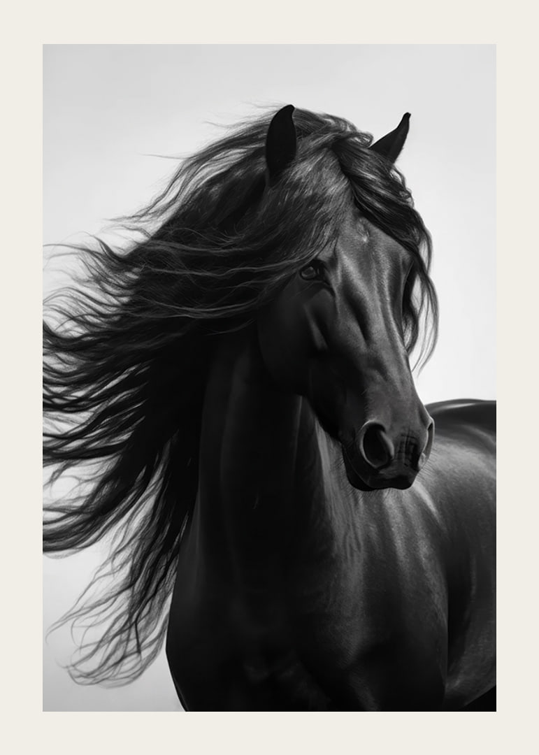Black and white close-up of black horse with fluttering mane-12