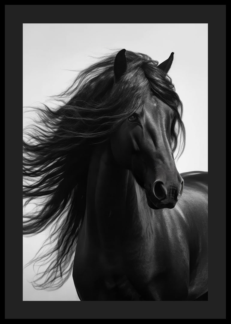 Black and white close-up of black horse with fluttering mane-12
