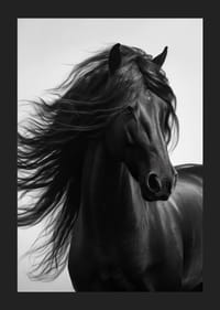 Svartvit närbild av svart häst med fladdrande man-5