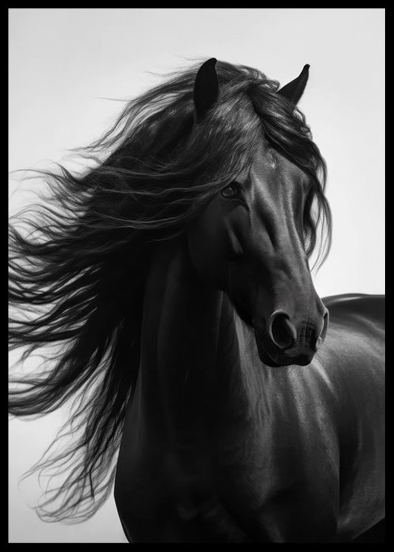 Black and white close-up of black horse with fluttering mane-12