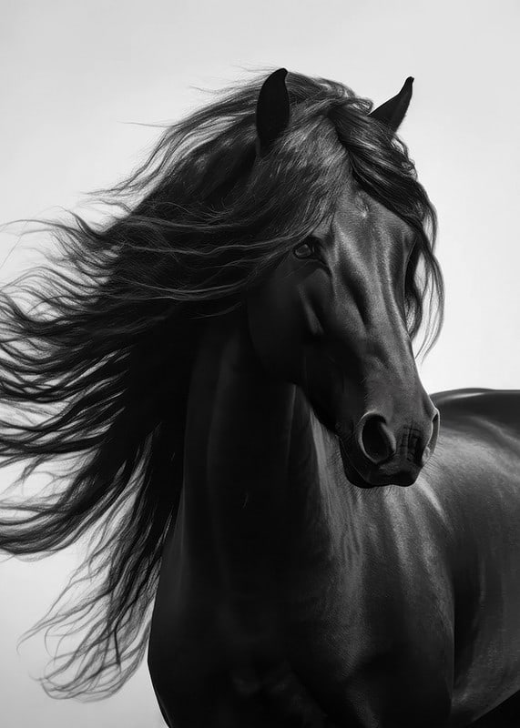 Black and white close-up of black horse with fluttering mane-12