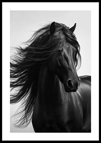 Black and white close-up of black horse with fluttering mane-0