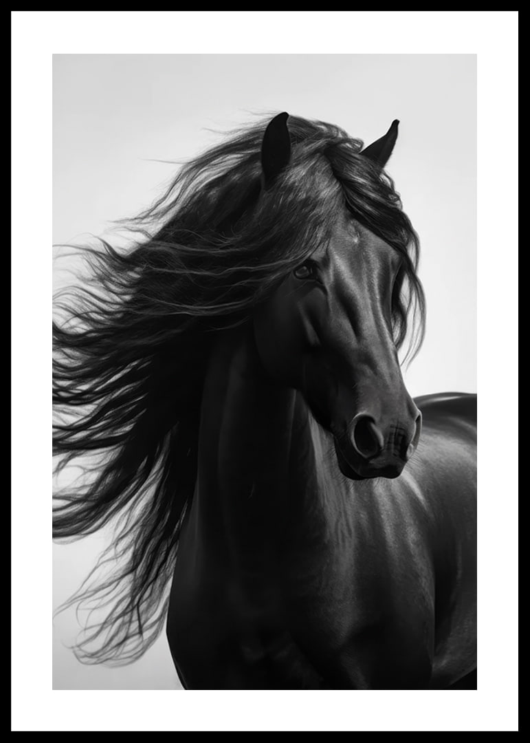 Black and white close-up of black horse with fluttering mane-12