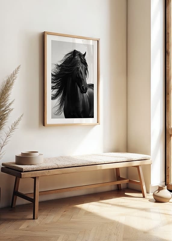 Black and white close-up of black horse with fluttering mane-12