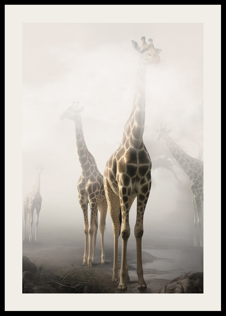 Fotokonst med flera giraffer som sticker upp genom dimma-12