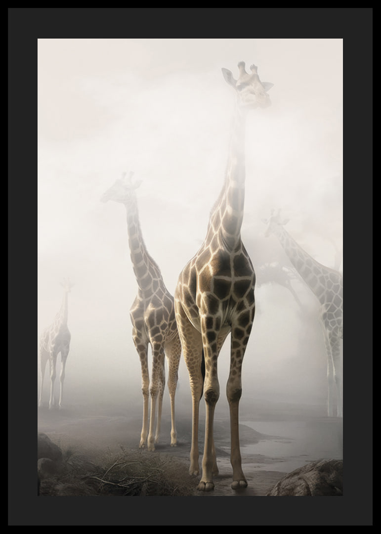 Fotokonst med flera giraffer som sticker upp genom dimma-12