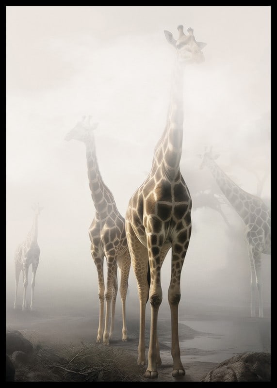 Fotokonst med flera giraffer som sticker upp genom dimma-12