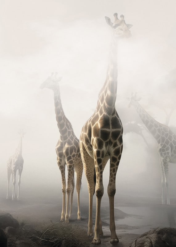Fotokonst med flera giraffer som sticker upp genom dimma-12