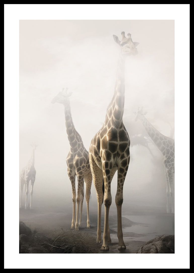 Fotokonst med flera giraffer som sticker upp genom dimma-12
