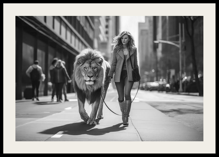 Czarno-biały widok miasta z kobietą prowadzącą lwa na smyczy-12
