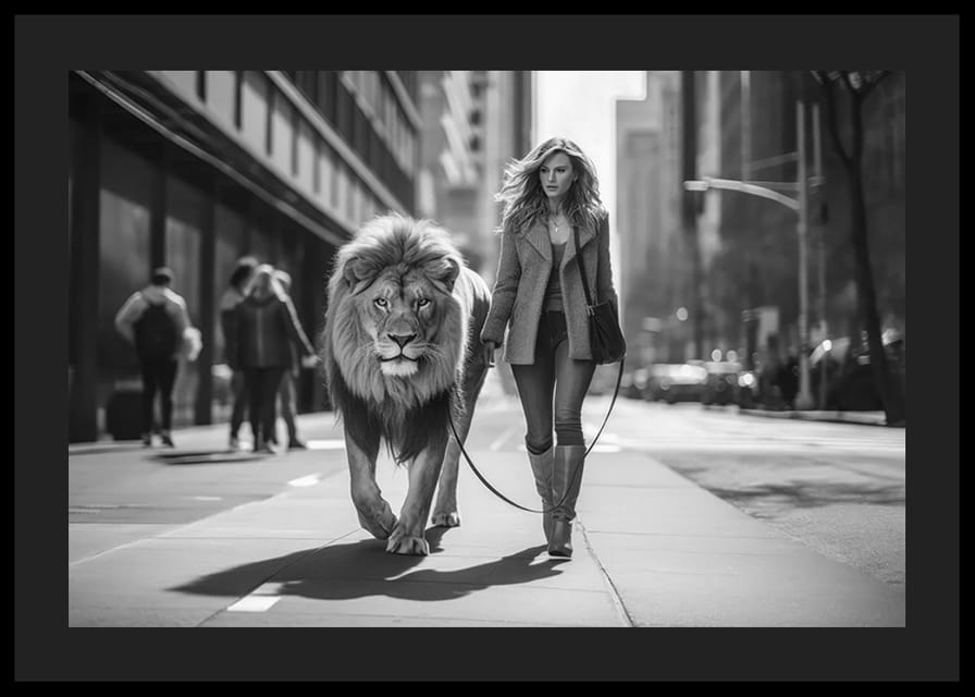 Czarno-biały widok miasta z kobietą prowadzącą lwa na smyczy-12