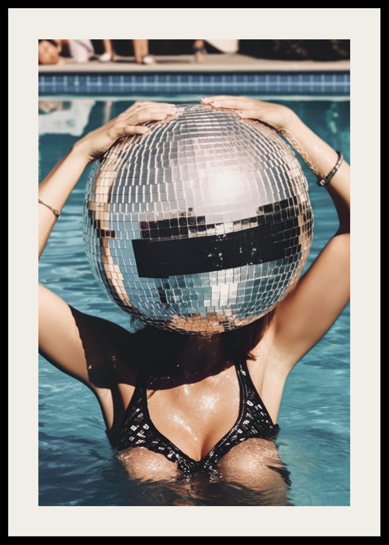 Woman in pool wearing a large disco ball on her head, sunny light-12