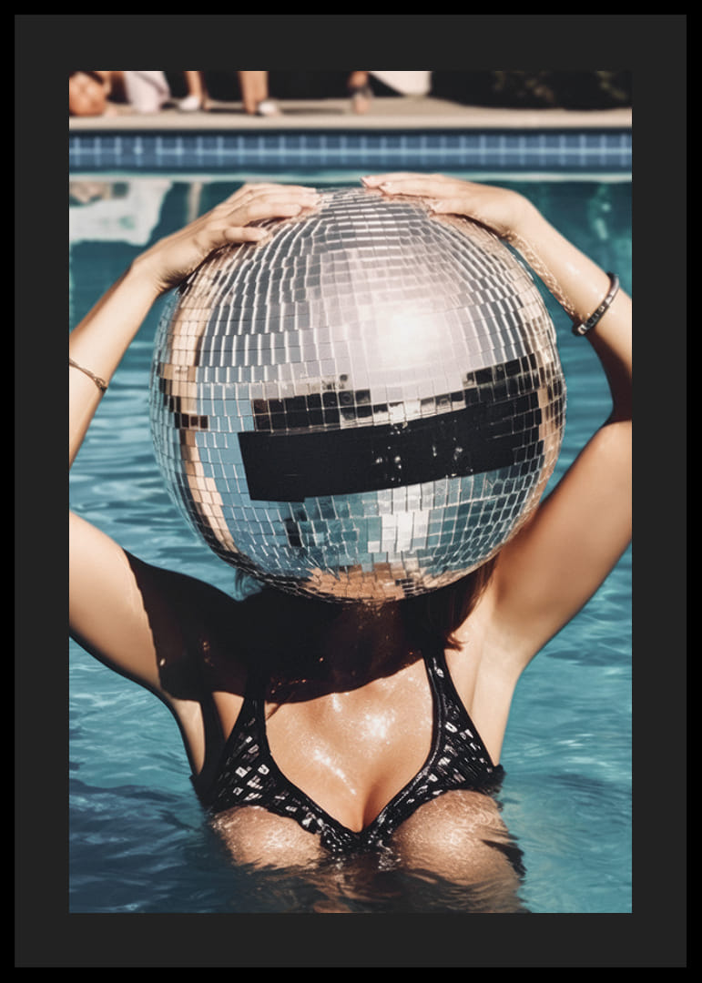Woman in pool wearing a large disco ball on her head, sunny light-12