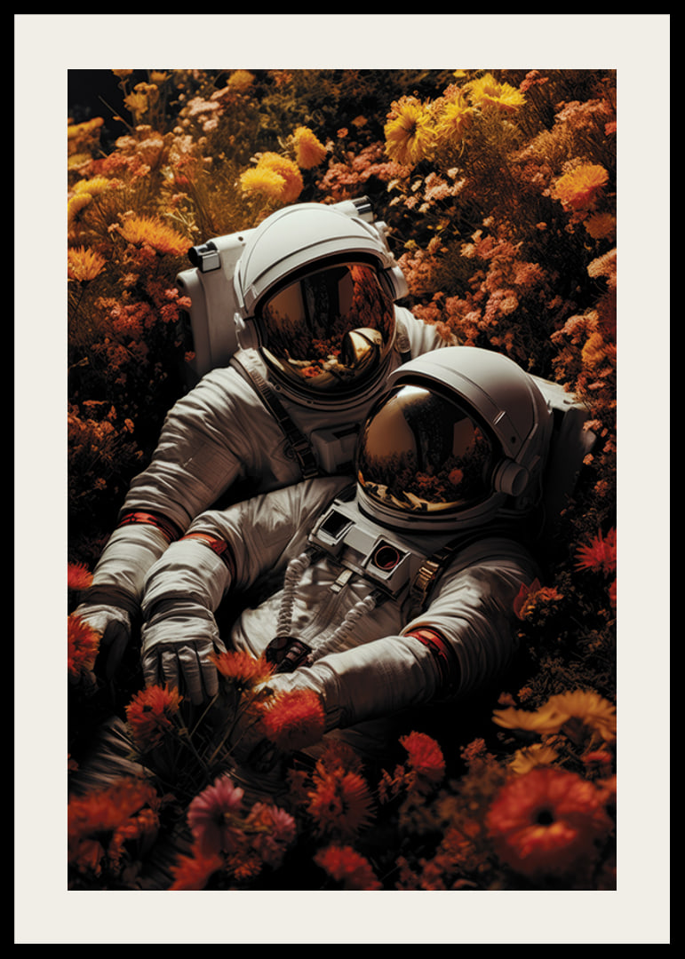 Two astronauts lying in field of orange and yellow flowers-12