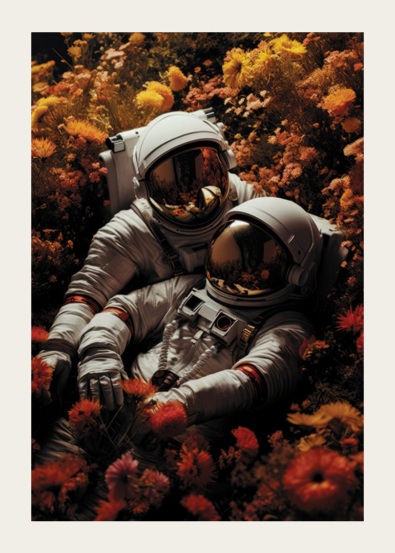 Dvaja astronauti ležiaci v poli oranžových a žltých kvetov-12