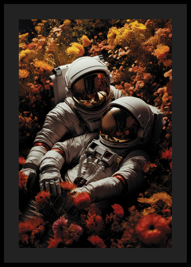 Two astronauts lying in field of orange and yellow flowers-12