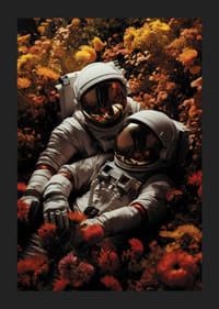 Dvaja astronauti ležiaci v poli oranžových a žltých kvetov-5