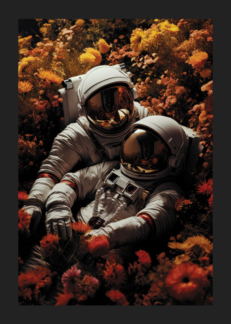 Dvaja astronauti ležiaci v poli oranžových a žltých kvetov-12