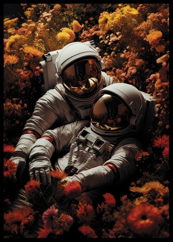 Two astronauts lying in field of orange and yellow flowers-12