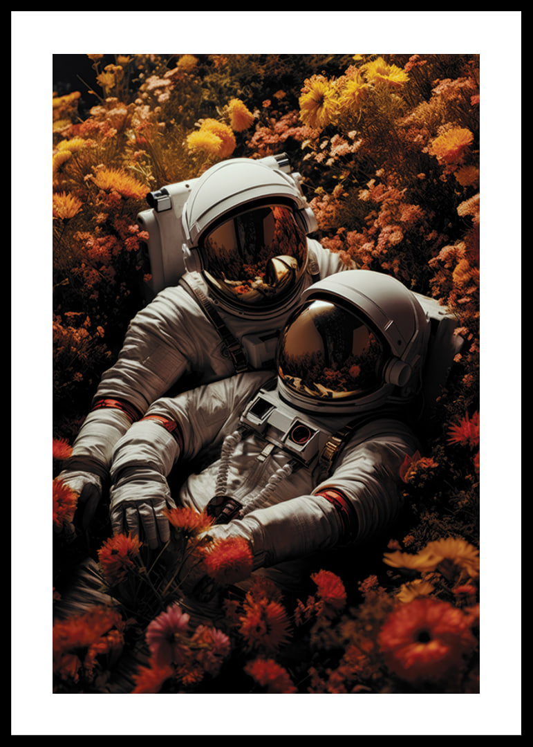 Two astronauts lying in field of orange and yellow flowers-12