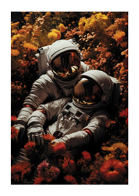 Two astronauts lying in field of orange and yellow flowers-1