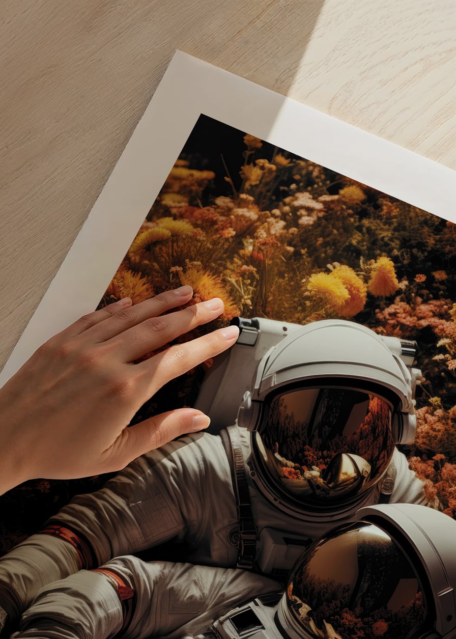 Two astronauts lying in field of orange and yellow flowers-12