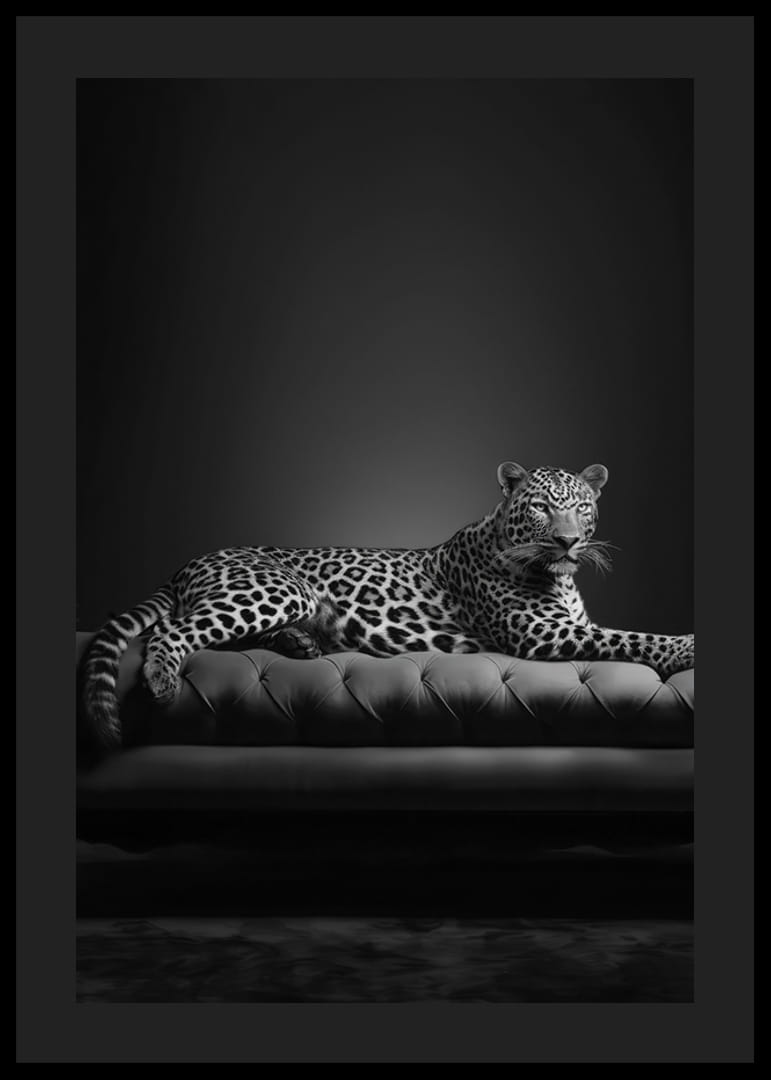 Black and white leopard lying on an elegant sofa, photographic-12