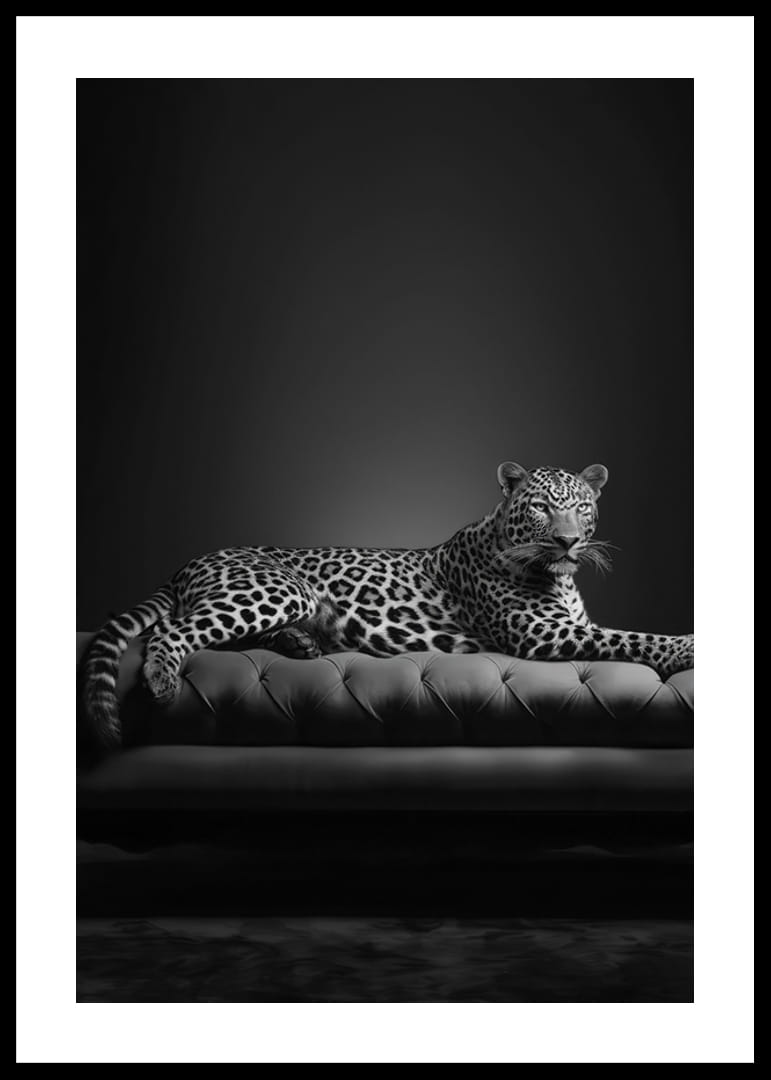 Black and white leopard lying on an elegant sofa, photographic-12