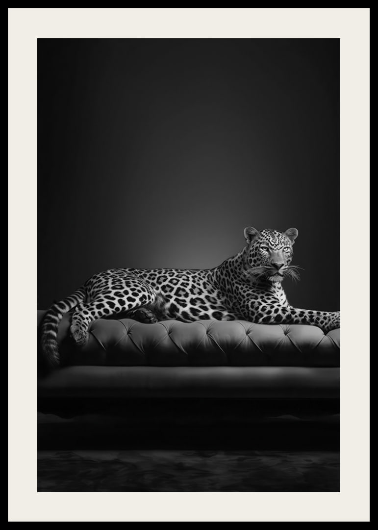 Black and white leopard lying on an elegant sofa, photographic-12