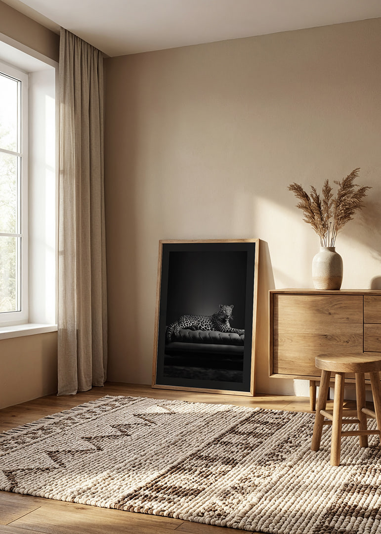 Black and white leopard lying on an elegant sofa, photographic-12
