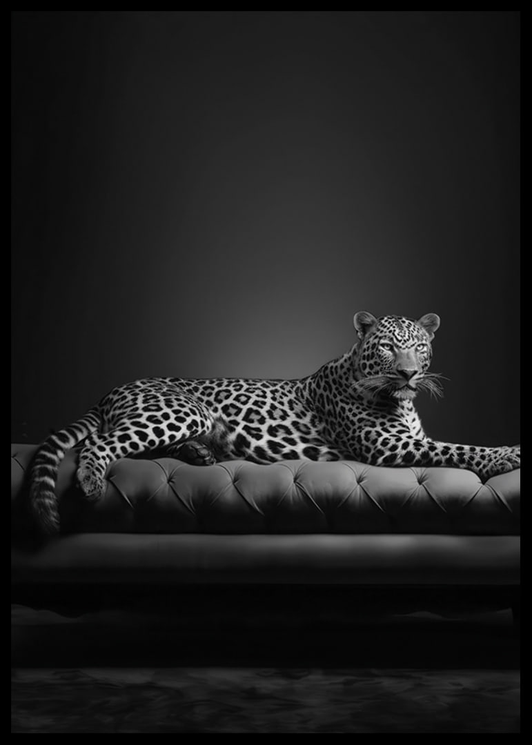 Black and white leopard lying on an elegant sofa, photographic-12