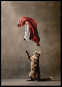Standing cat reaches for sweeping red black white satin cloth-6