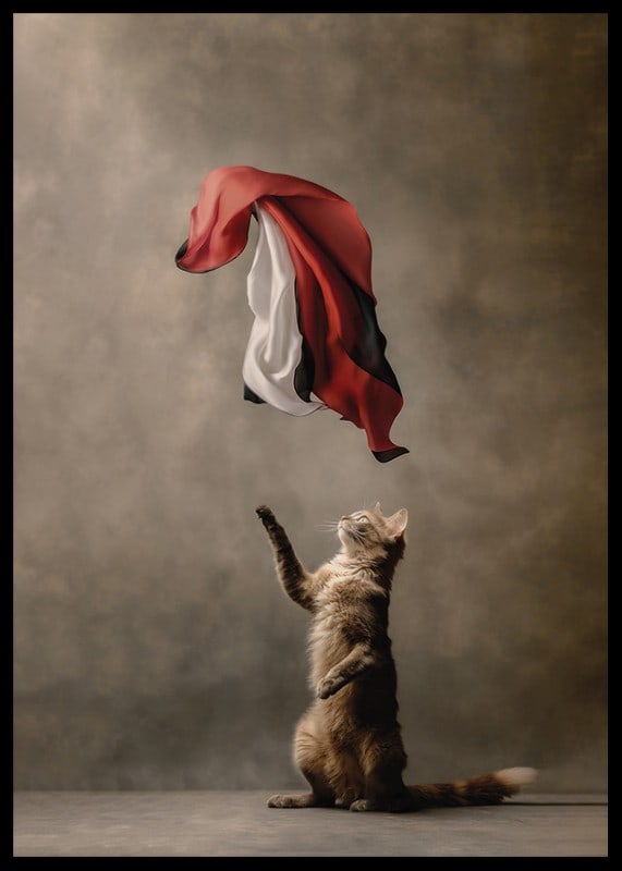 Standing cat reaches for sweeping red black white satin cloth-12
