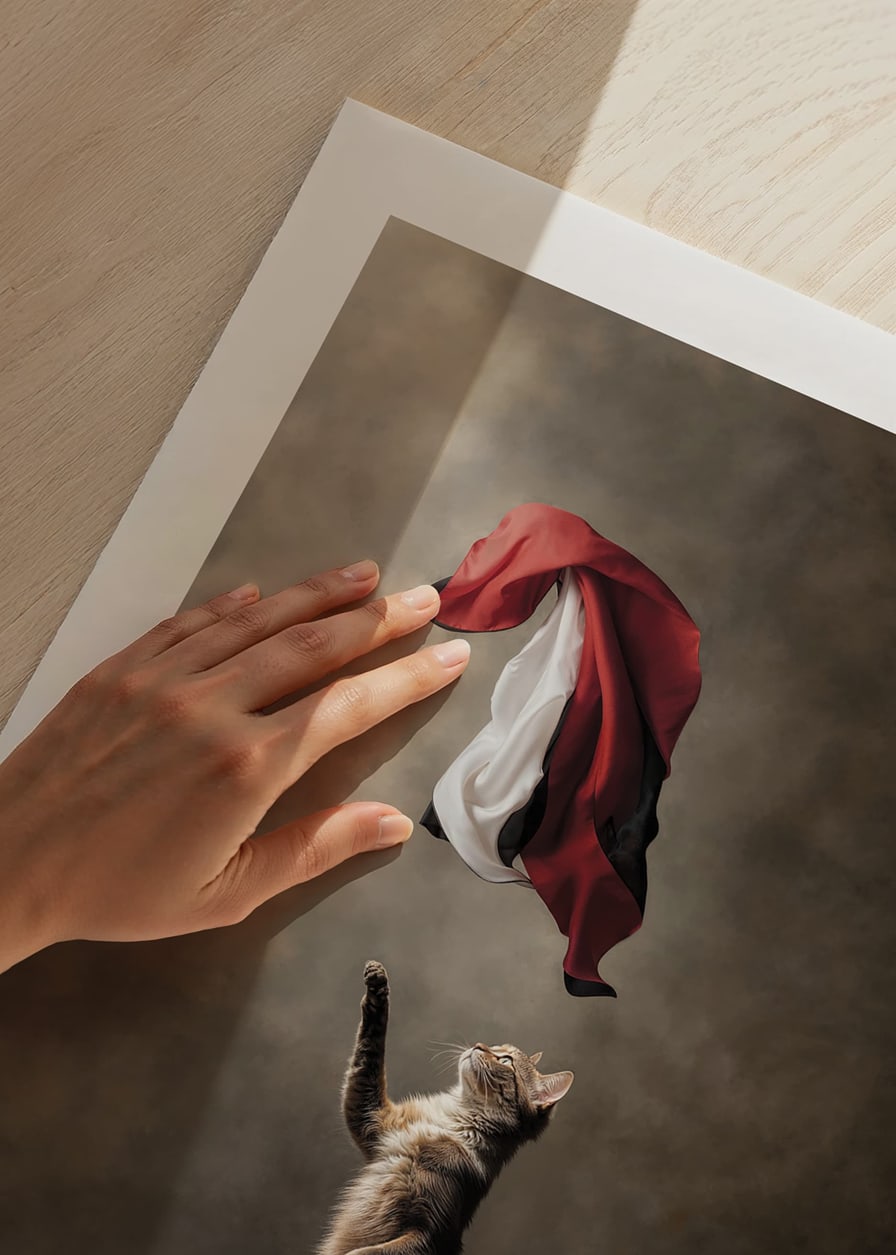 Standing cat reaches for sweeping red black white satin cloth-12