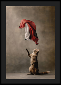 Standing cat reaches for sweeping red black white satin cloth-4