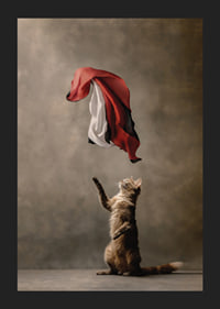 Standing cat reaches for sweeping red black white satin cloth-5