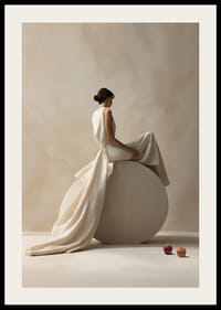 Stilren kvinna i ljus klänning på cylinder med äpplen-2