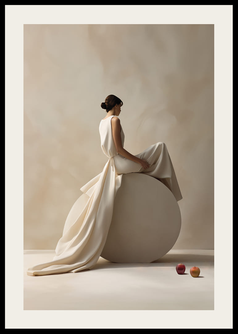 Stilren kvinna i ljus klänning på cylinder med äpplen-12