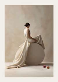 Stilren kvinna i ljus klänning på cylinder med äpplen-3