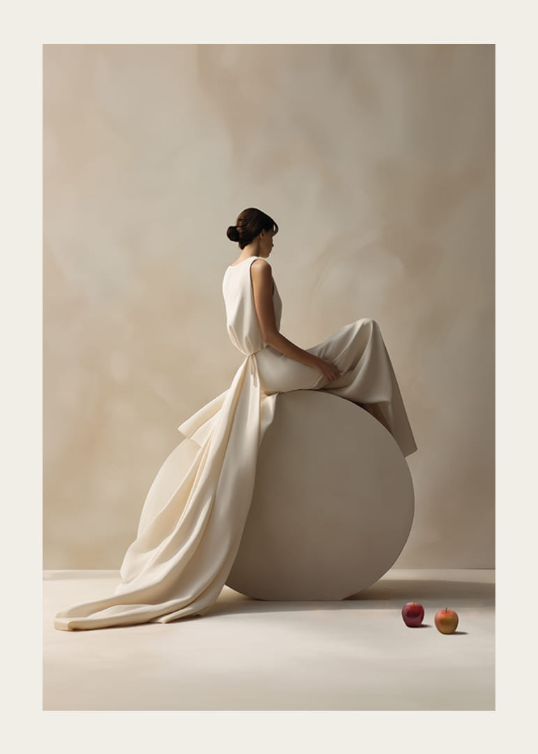 Stilren kvinna i ljus klänning på cylinder med äpplen-12