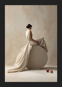 Stilren kvinna i ljus klänning på cylinder med äpplen-5