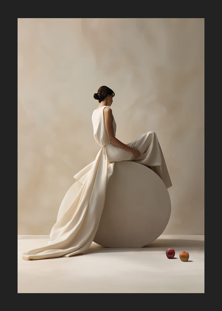 Stilren kvinna i ljus klänning på cylinder med äpplen-12