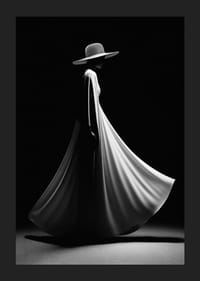 Czarno-biała sylwetka kobiety w szerokiej białej sukni i kapeluszu-1