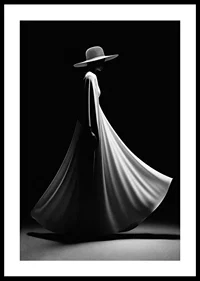 Black and white silhouette of woman in wide white dress and hat-2