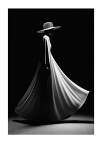 Silhueta preta e branca de mulher com vestido branco largo e chapéu-3