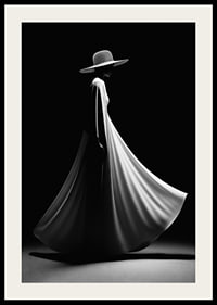 Silhueta preta e branca de mulher com vestido branco largo e chapéu-4