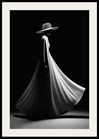 Black and white silhouette of woman in wide white dress and hat-4