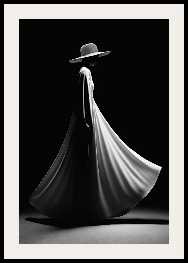 Black and white silhouette of woman in wide white dress and hat-12