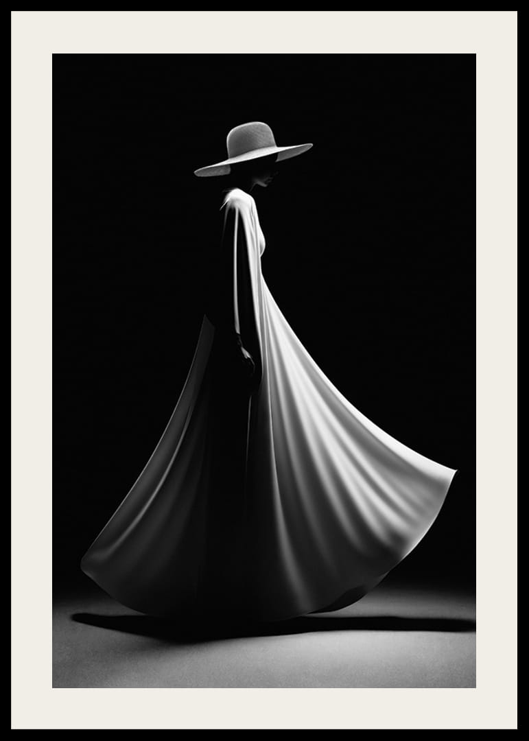 Czarno-biała sylwetka kobiety w szerokiej białej sukni i kapeluszu-12